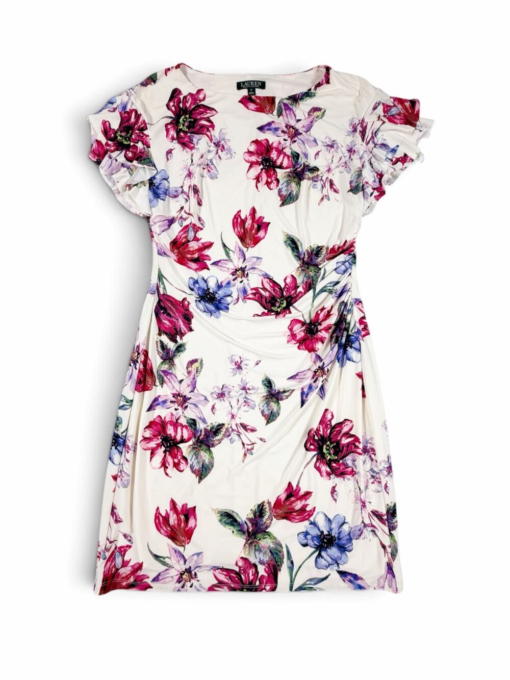 Lauren Ralph Lauren Women’s Floral Ruched Ruffle Sleeve Dress Size 14